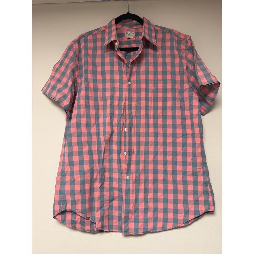 J. Crew‎ Mens Large Short Sleeve Button Down Shirt Plaid Salmon Blue Cotton